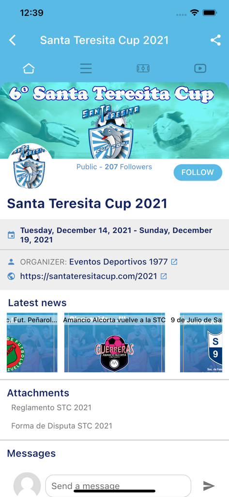 Santa Teresita Cup - Dashboard of the Santa Teresita Cup app showing soccer tournament news and schedule