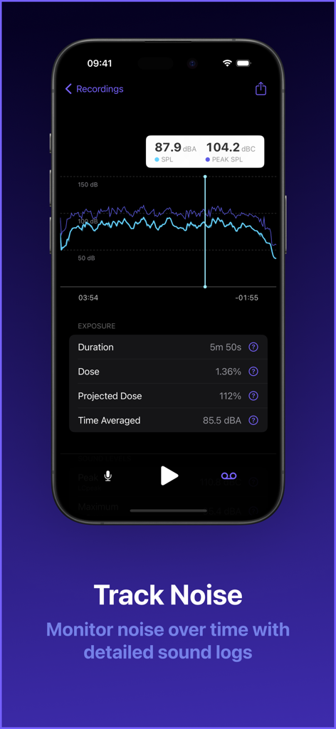 Decibel Meter Ultra app interface showing sound level recordings and noise exposure tracking