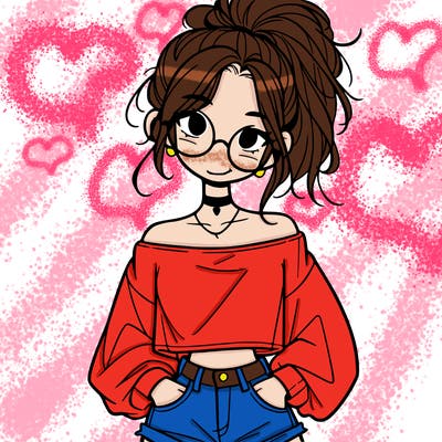girl with a messy ponytail glasses a baggy crop top and jean shorts