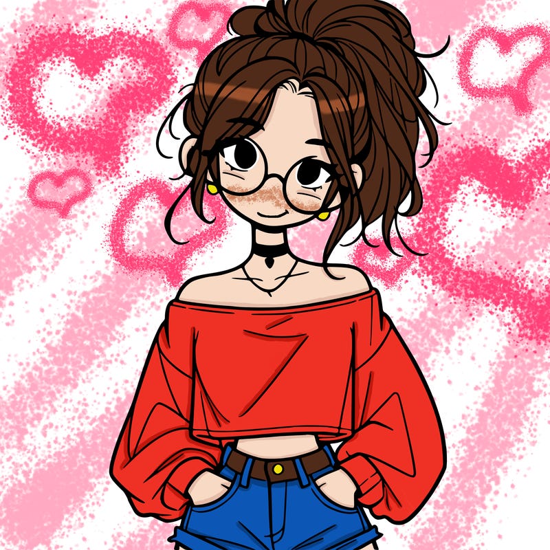 girl with a messy ponytail glasses a baggy crop top and jean shorts