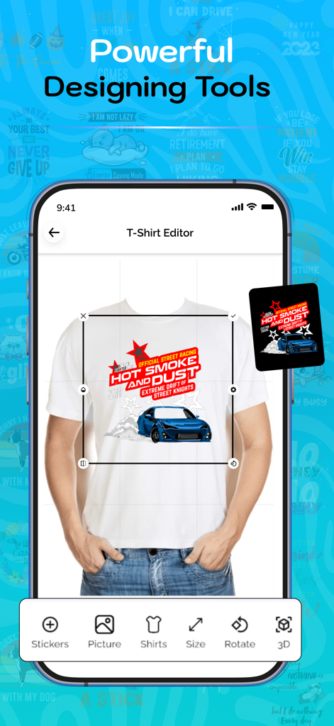 T-Shirt Editor: Shirt Designer - Interface of the T-Shirt Editor app showing a custom car graphic being edited on a white t-shirt mockup