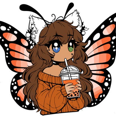 a realistic butterfly/furry girl drinking boba