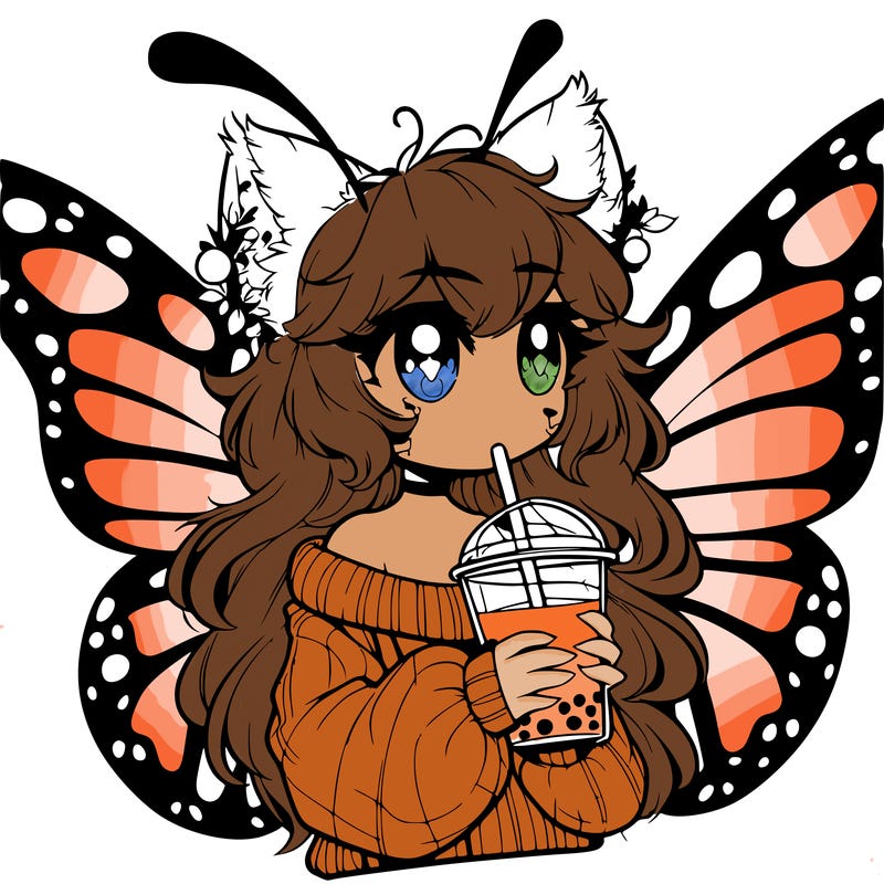 a realistic butterfly/furry girl drinking boba