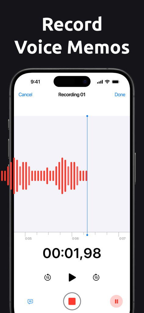 Voice Memos - Voice Recorderㅤ - Interfaz de la aplicación Voice Memos mientras graba audio con una forma de onda roja