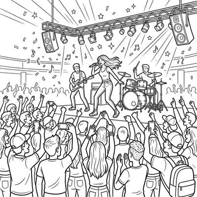Dive into the heart of a live music spectacle with this dynamic coloring page. Capture the vibrant energy of a band performing to an excited, cheering crowd, perfect for music lovers of all ages.