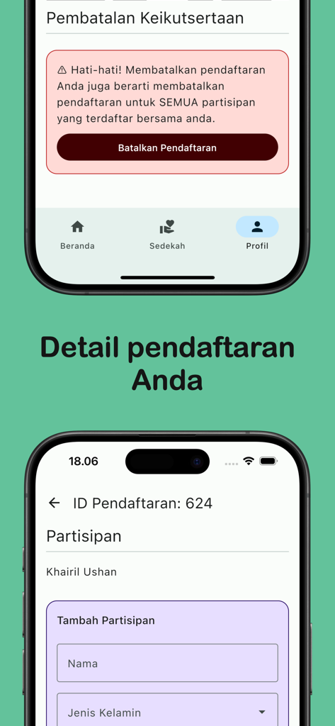 SGB App - Interface of the SGB App showing event registration details and a cancellation confirmation screen