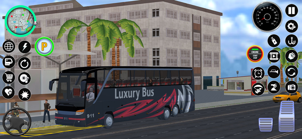 City Bus Simulator 3D Stunt - Gameplay screenshot of City Bus Simulator 3D Stunt featuring a black luxury bus on a city street with on-screen driving controls and a minimap.