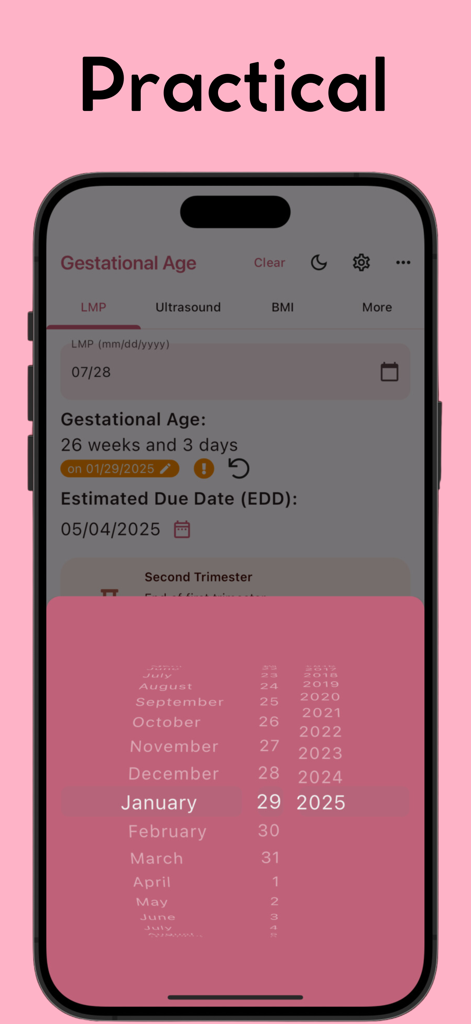 Interface of the Gestational Age app showing a date picker for calculating pregnancy milestones