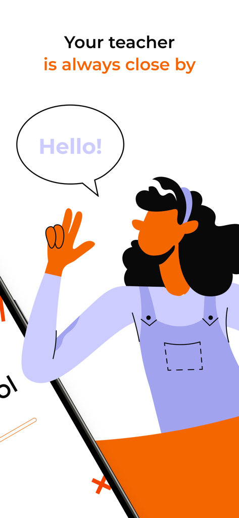 A friendly illustration of an English teacher waving with a hello speech bubble