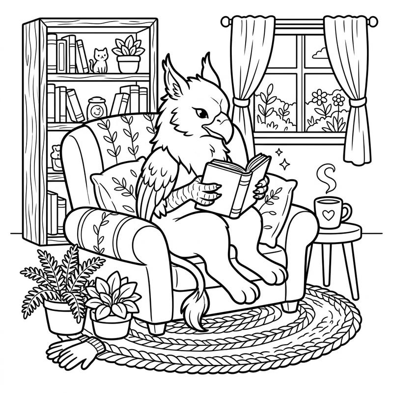 Curl up with this charming coloring page featuring a keythong, a majestic wingless griffin, lost in the pages of a book. It’s the perfect scene to capture the tranquility of a relaxing weekend at home.