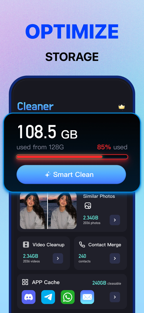 Interface do aplicativo Smart Cleaner mostrando o uso de armazenamento do telefone e um botão de limpeza inteligente para liberar espaço