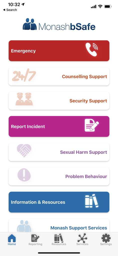 Monash bSafe - El menú principal de la aplicación móvil Monash bSafe que muestra opciones para llamadas de emergencia, apoyo de asesoramiento e informes de incidentes.