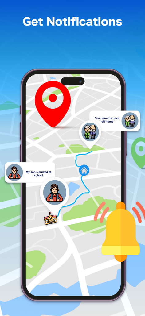 Real-time GPS Location Sharing - Interface do aplicativo móvel mostrando notificações em tempo real de chegadas e partidas de membros da família em um mapa