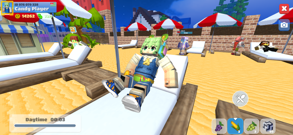 Un personaje de estilo cúbico relajándose en una tumbona de playa bajo una sombrilla en School Party Craft.