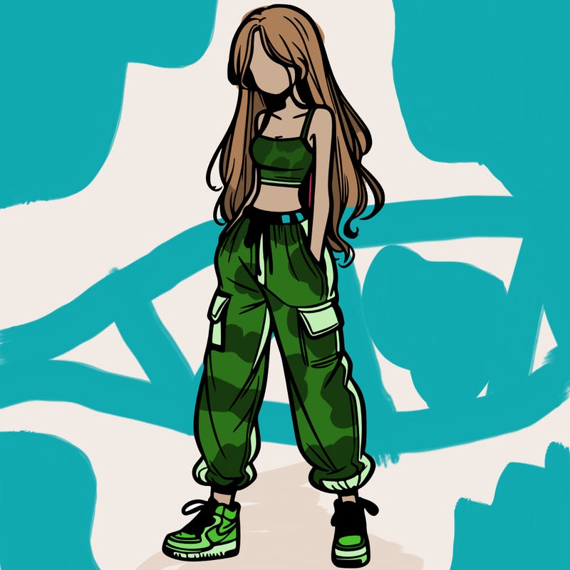 girl in baggy pants crop top and long hair