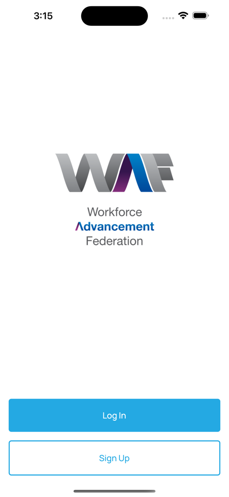 WAF App - Login and sign up screen for the Workforce Advancement Federation app
