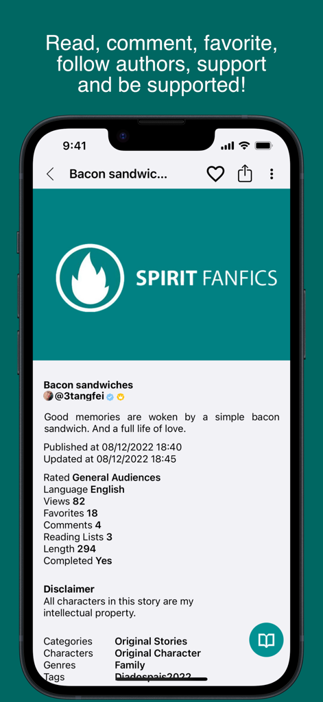 Spirit Fanfiction mobile app screen displaying story information for Bacon Sandwiches including author profile and engagement stats