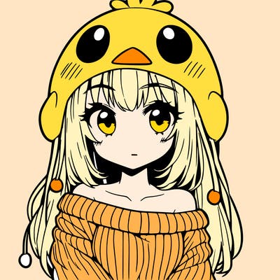 anime girl with chick shaped hat with sweater with bare shoulders with bangs covering them one eye with low tail