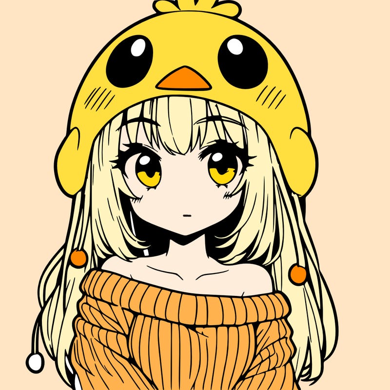 anime girl with chick shaped hat with sweater with bare shoulders with bangs covering them one eye with low tail