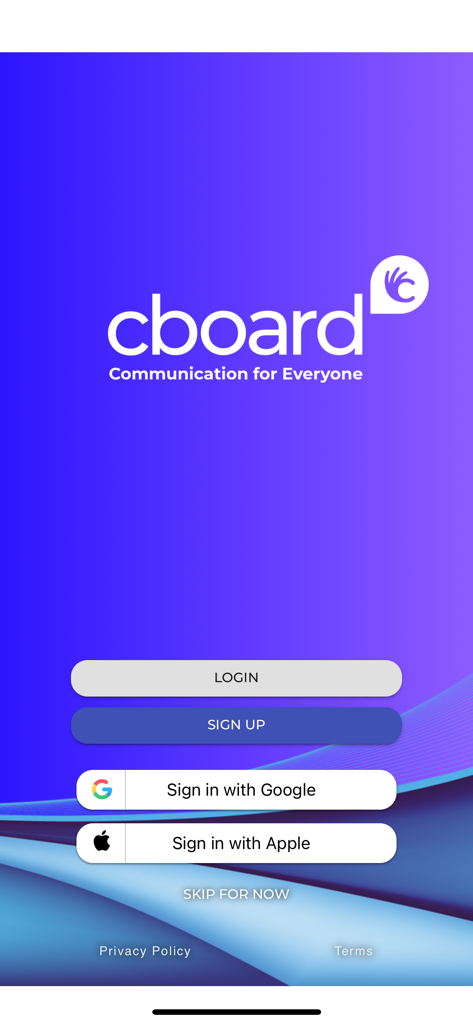 AAC Cboard APP - Cboard AAC app login screen with authentication options and tagline communication for everyone