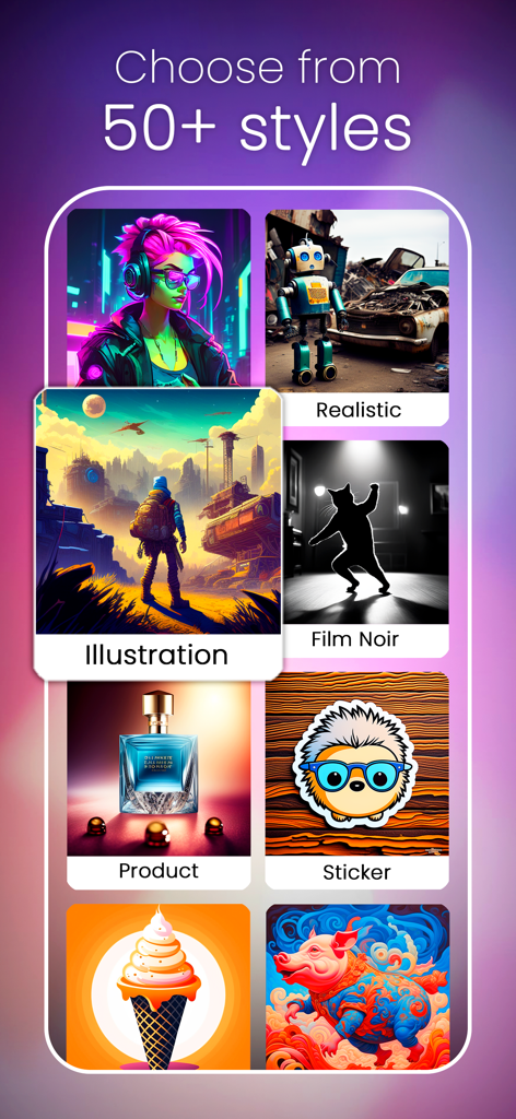 Interface do aplicativo CreArt mostrando vários estilos de arte gerados por IA, como Realista, Film Noir e Ilustração