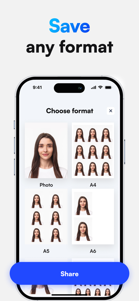 Passport Photo: ID Maker - ID写真のさまざまな印刷および保存形式を示すパスポート写真IDメーカーアプリのインターフェイス