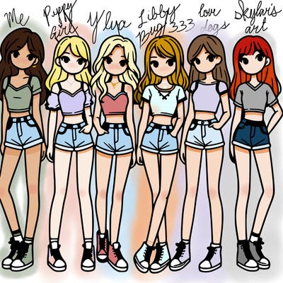 a group of girls wearing crop tops and shorts