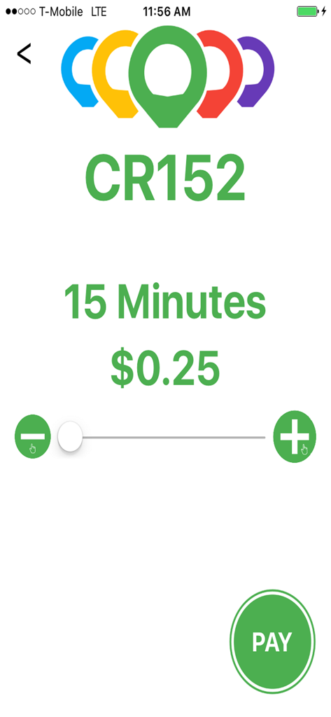 ClearToken App - ClearToken app interface showing payment and time selection for device CR152