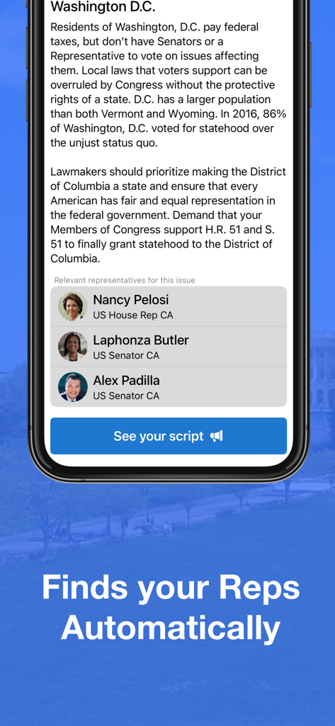 5 Calls: Contact Your Congress - Screenshot dell'app 5 Calls che mostra i rappresentanti congressuali pertinenti per un problema e un pulsante per vedere uno script di chiamata
