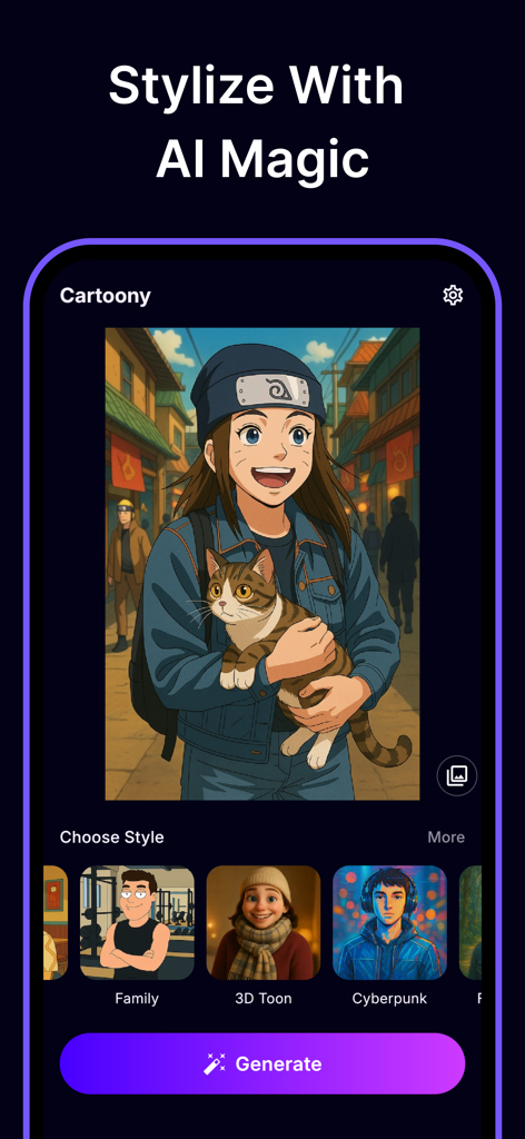 Cartoony: Cartoon Photo Editor - Interfaz de la aplicación Cartoony mostrando una foto estilo anime de una chica sosteniendo un gato con varios filtros de IA.