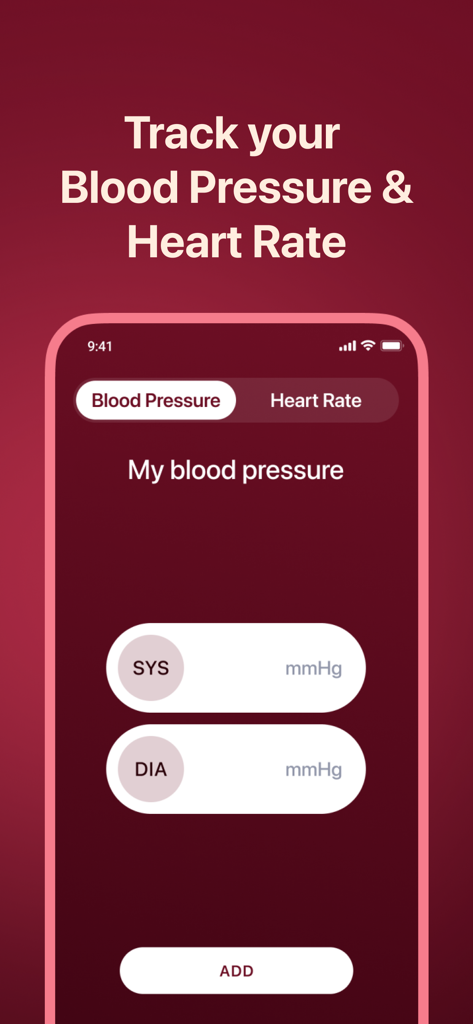Blood Pressure App: Watch It - Pantalla de la aplicación de iPhone para monitorear la presión arterial y la frecuencia cardíaca con campos de entrada para mediciones sistólica y diastólica