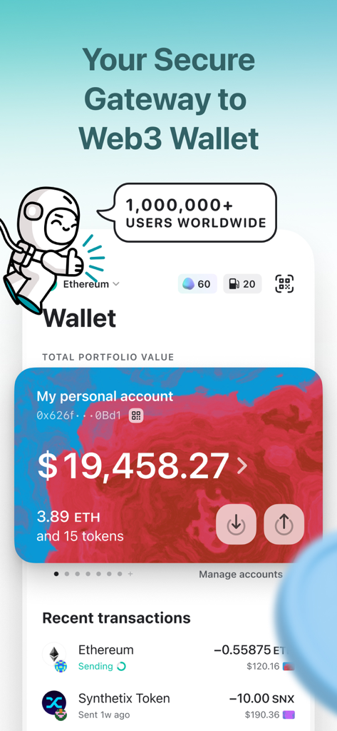 MEW crypto wallet: DeFi Web3 - MEW crypto wallet app dashboard showing Ethereum portfolio balance and recent transactions