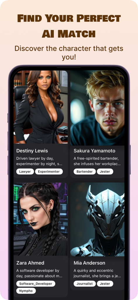 FunFun AI: AI Chat & Roleplay - Interfaz de la aplicación FunFun AI que muestra varios perfiles de personajes de IA para chatear y roleplay