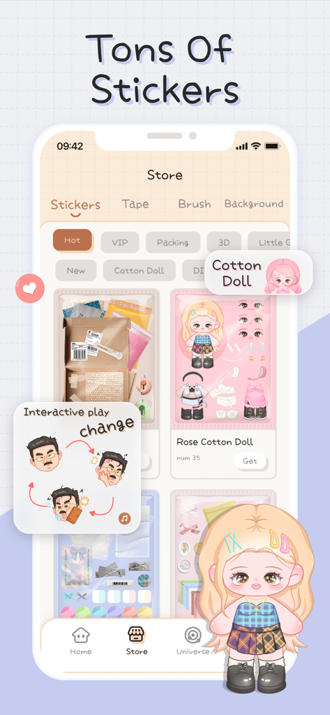 Mininote - Cute note and diary - Screenshot of the Mininote app store featuring a wide variety of cute digital stickers and cotton dolls for diary customization.