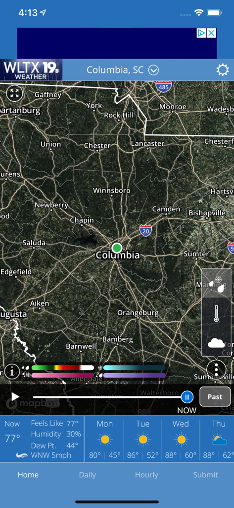 WLTX Weather app screenshot showing a high-resolution radar map of Columbia, South Carolina with current weather details and a 4-day forecast.