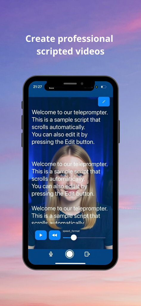 CamScript – Teleprompter Cam - Smartphone displaying the CamScript app interface with a scrolling script overlay on a live video recording of a woman