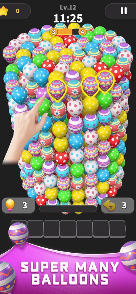 Balloon Master 3D:Puzzle Games - A hand selects matching colorful 3D balloons in a vibrant mobile puzzle game level.