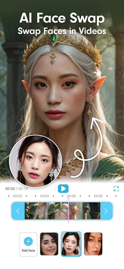 YouCam Video App zeigt die KI-Gesichtstauschfunktion mit einer Fantasy-Elfenfigur