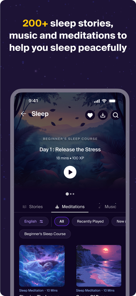Interface of the Level SuperMind app showing a variety of sleep meditations and bedtime stories for relaxation