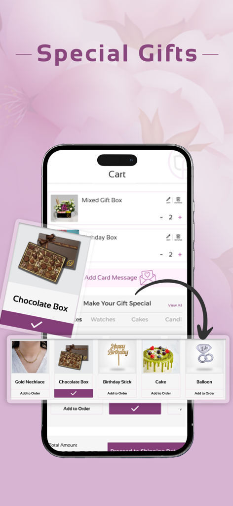 Flowrista  Flowers & Gifts - Flowrista app screen for selecting special gifts like chocolates and jewelry to add to the order