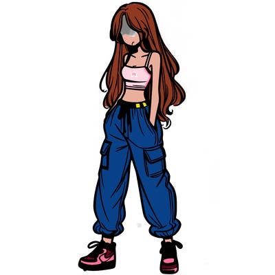 girl in baggy pants crop top and long hair