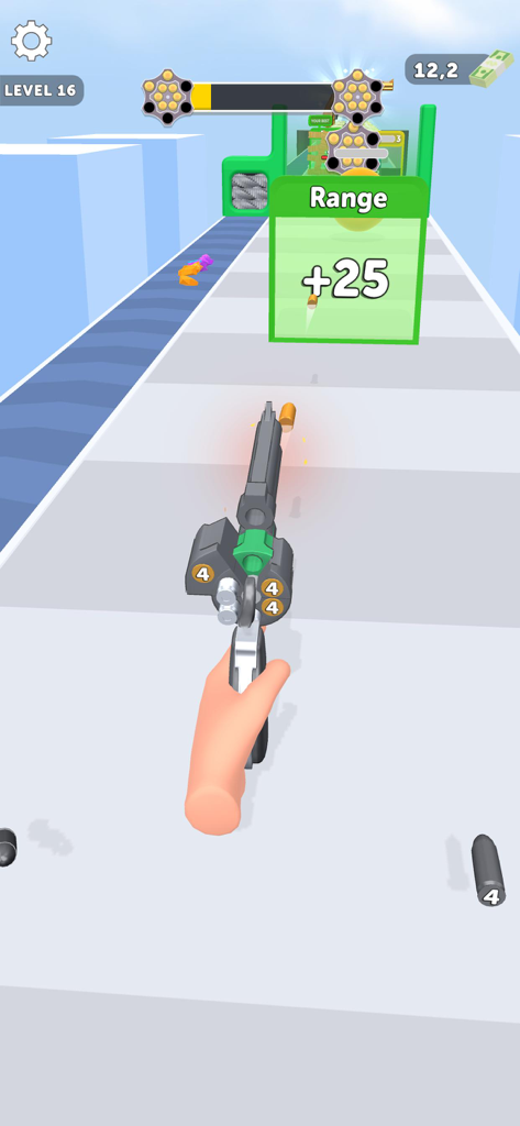 First person view of a revolver shooting at a range upgrade gate in Revolver Rush