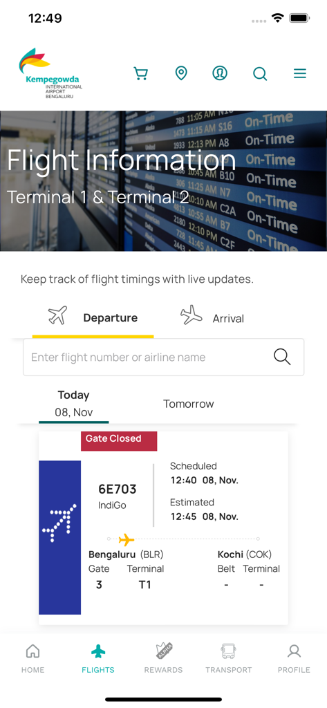 BLR Airport - Real-time flight information and tracking screen on the BLR Airport app