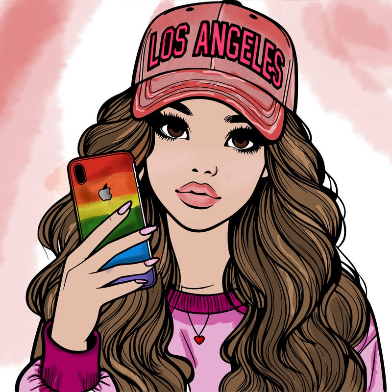realistic beautiful girl wearing los ángeles cap holding an iphone