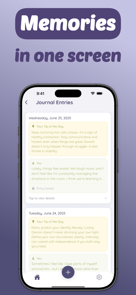 Shared couple diary - dairi - A screenshot of the dairi app interface showing a feed of journal entries with AI-powered relationship tips and personal reflections.