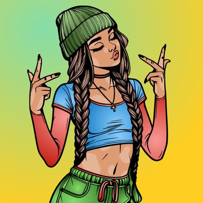realistic teenage girl with braids and a beanie and crop top doing 🫶🏼