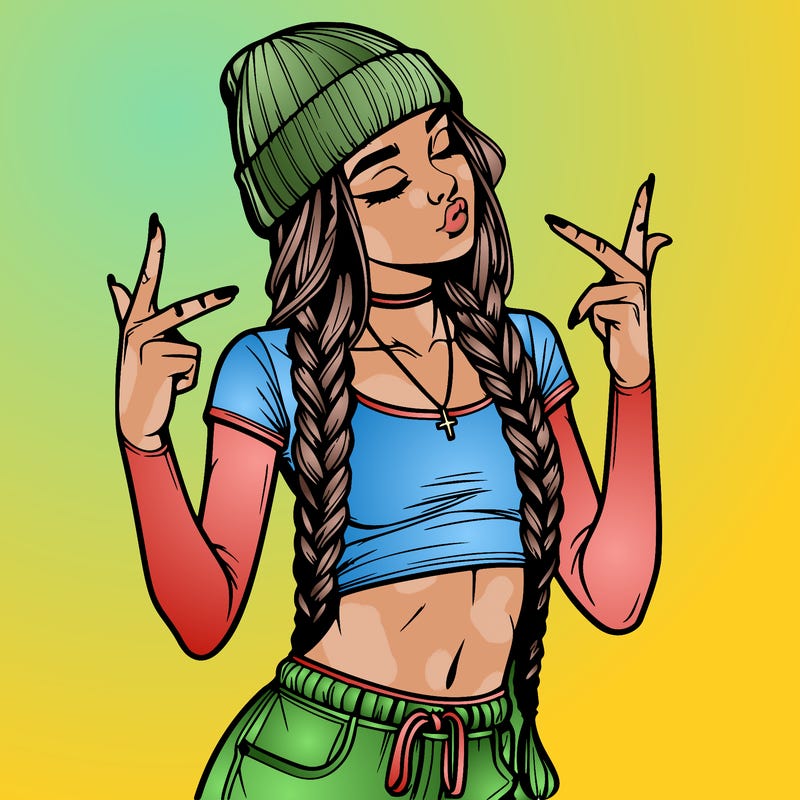 realistic teenage girl with braids and a beanie and crop top doing 🫶🏼