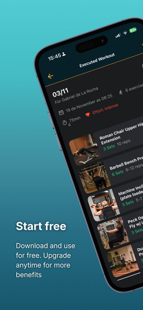 PersonalGO - Tela do aplicativo PersonalGO exibindo um log de treino concluído com exercícios específicos e métricas de duração.