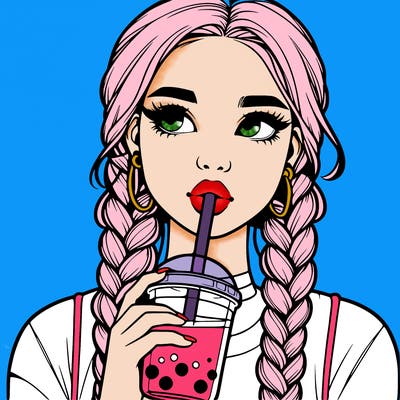 realistic girl with braided hair drinking boba