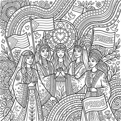 Embrace the spirit of community and foresight with this beautiful coloring page featuring five oracles celebrating Pride Month. Intricate patterns and meaningful symbols await your creative touch.